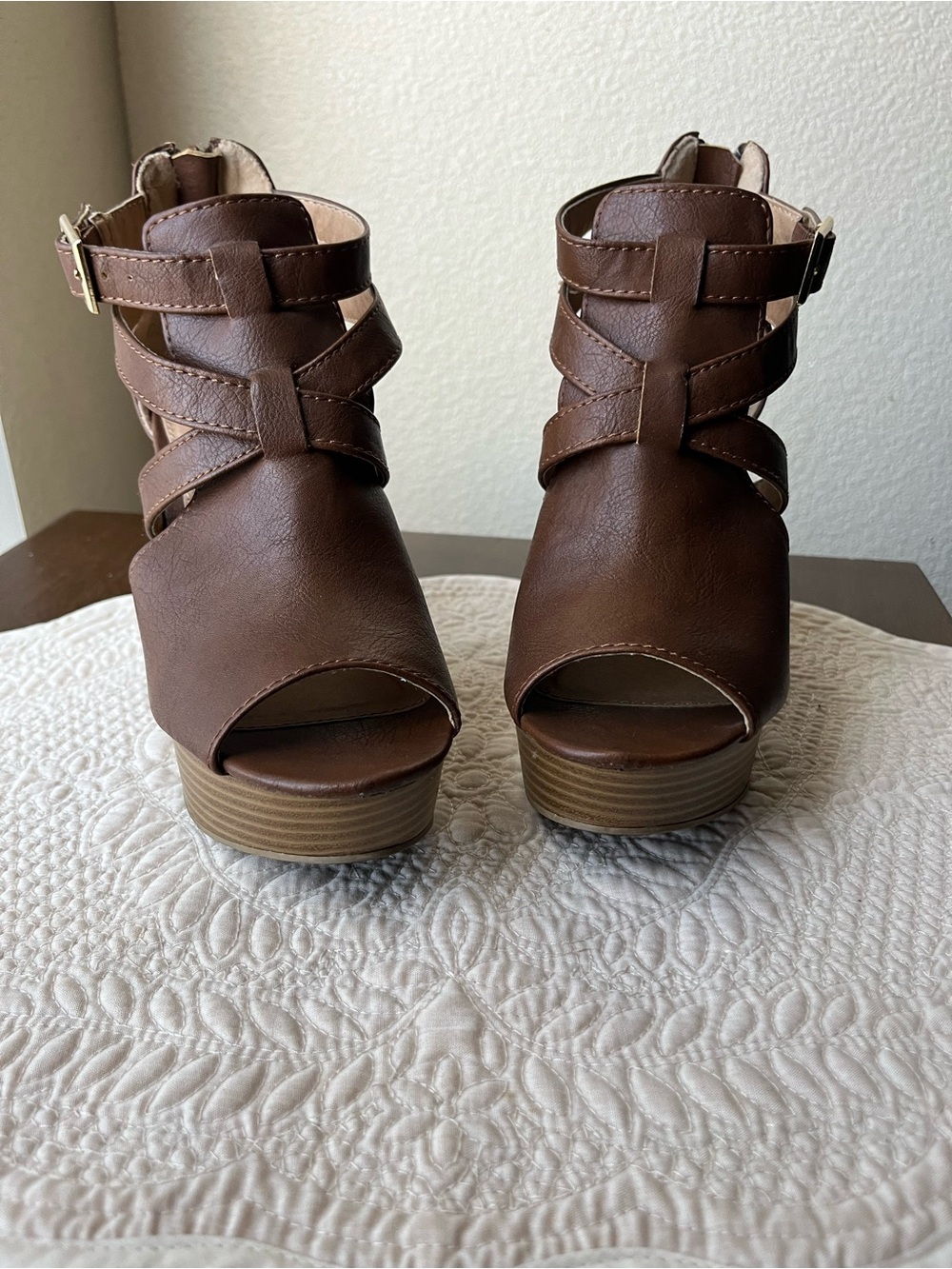 Brown Leather Strappy Wedge Sandals